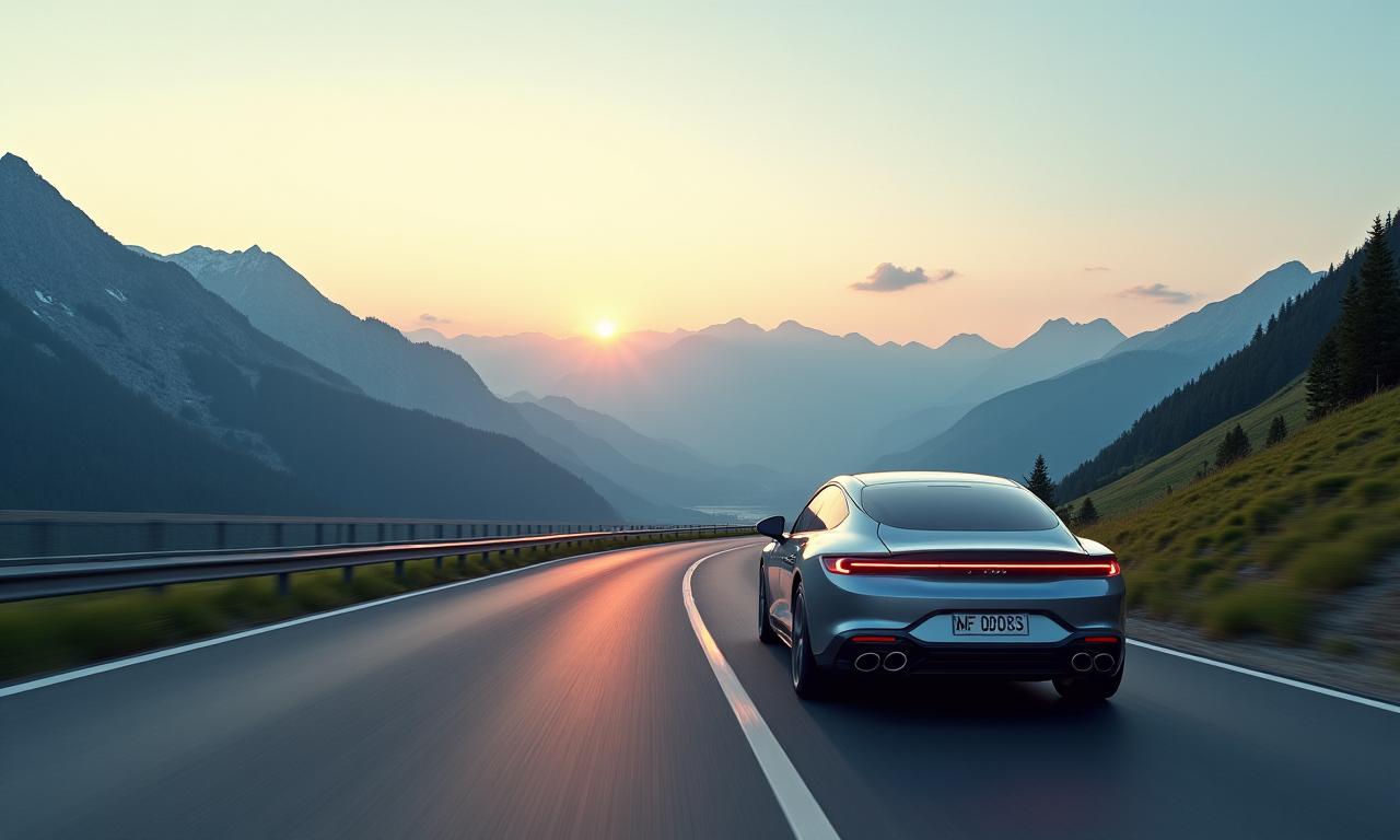 Modernes Auto auf einer malerischen Autobahn in den Schweizer Alpen.