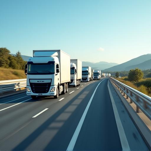 Eine Flotte von Lieferwagen auf einer Autobahn, die Effizienz und Bewegung symbolisiert.